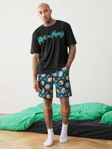 Rick and Morty X SHEIN 男士圓領字母印花短袖上衣與短褲休閒日常居家服套裝 - 黑色 - 查看 6