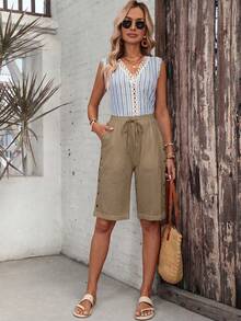 EMERY ROSE Women's Drawstring Waist Pocket Casual Versatile Everyday Outing Shorts - Brown - View 9