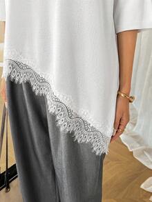 SHEIN LUNE 女款休閒蕾絲拼接夏季度假通勤日常基本款時尚外出短袖不對稱下擺針織上衣 - 杏色 - 查看 8