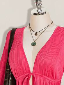 SHEIN ICON Women's Plus Size Textured Black Front Lace-Up Top Fall - Hot Pink - View 5