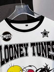 LOONEY TUNES X SHEIN 女士全印花休闲卡通英文字母图案圆领长袖运动衫，秋冬舒适穿着 - 白色 - 查看 4