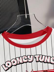 LOONEY TUNES X SHEIN 女士条纹短袖露脐T恤 - 白色 - 查看 4