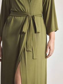 Ocili Comfortable Soft Minimalist Long Sleeve Plus Size Robe - Dark Green - View 5