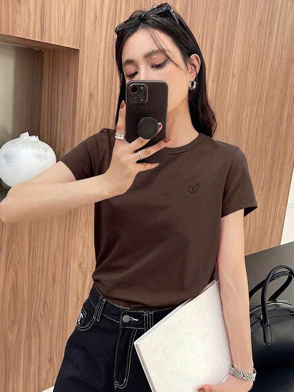 Summer Heart Pattern Embroidered Short Sleeve Basic T-Shirt