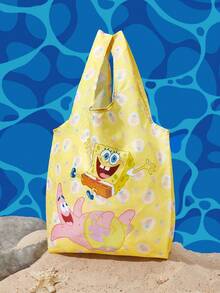 SpongeBob SquarePants | SHEIN Cartoon Printed Foldable Shopping Bag, Lightweight Waterproof Large Capacity Storage Bag, Suitable For Supermarket Purchases, Short Trips, Daily Commuting - Mustard Yellow - View 1