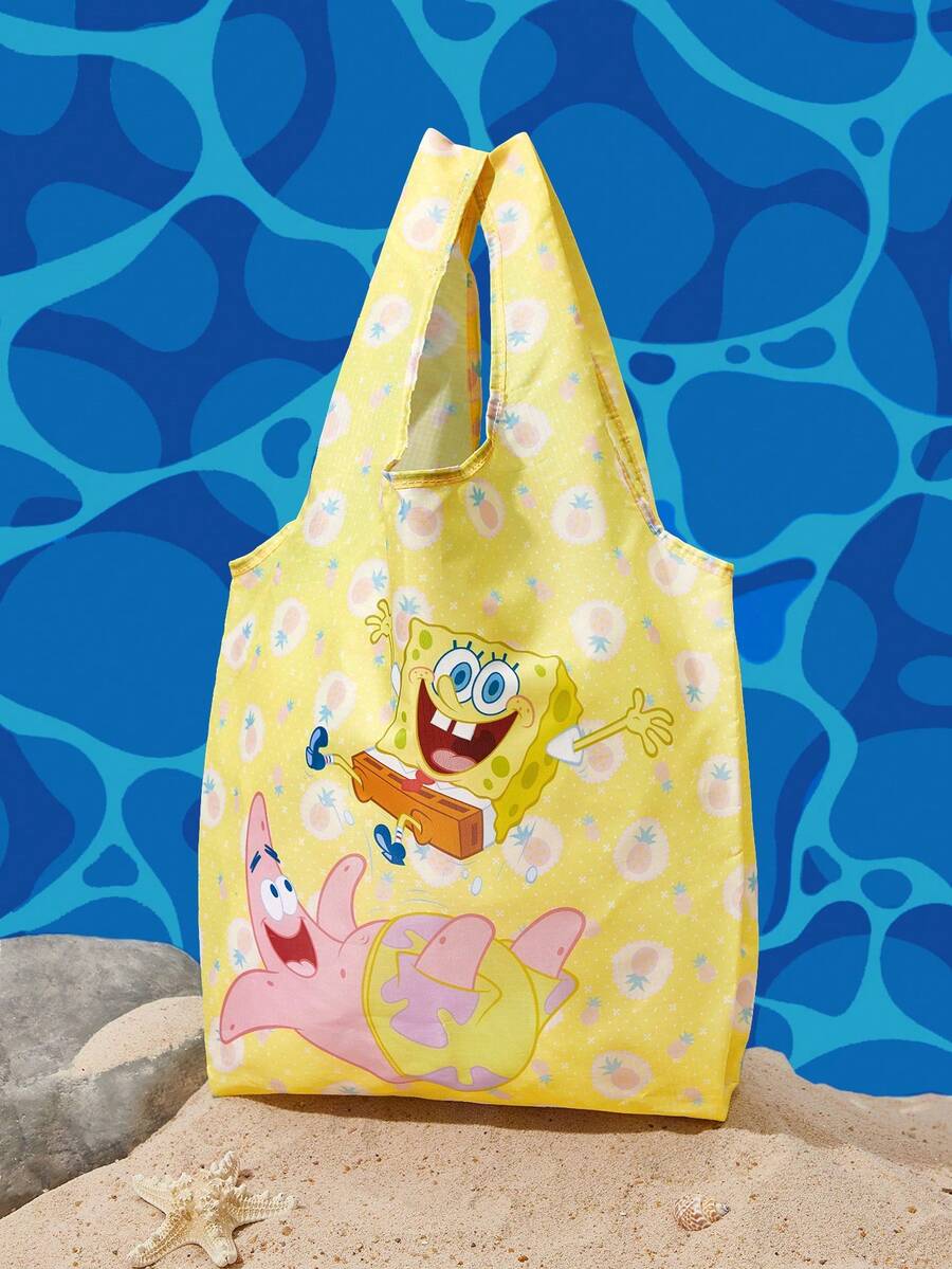 SpongeBob SquarePants | SHEIN Cartoon Printed Foldable Shopping Bag, Lightweight Waterproof Large Capacity Storage Bag, Suitable For Supermarket Purchases, Short Trips, Daily Commuting - Mustard Yellow - View 1