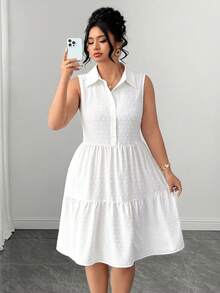 Elenzga Plus Size Summer Casual Solid Color Sleeveless Dress - White - View 3