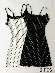 IslaSuriya 2pcs/Set Lace Trim Black & White Polka Dot Print Cami Dress - Black and White - View 1