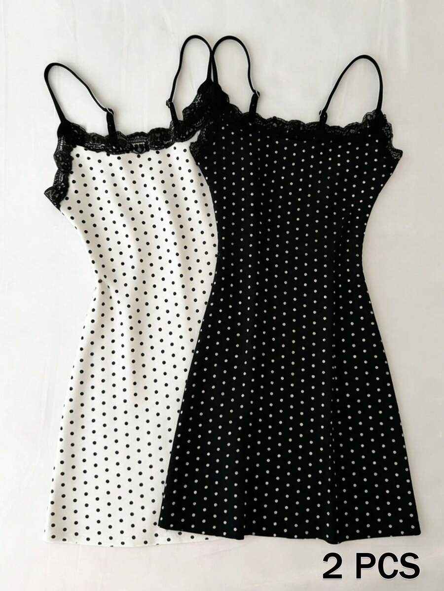 IslaSuriya 2pcs/Set Lace Trim Black & White Polka Dot Print Cami Dress - Black and White - View 1