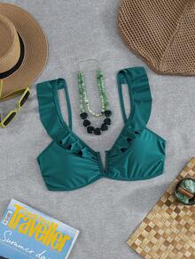 Swim Basics 新款歐美女款性感時尚極簡純色荷葉邊抓皺深V領露背綁帶上衣 - 綠色 - 查看 4