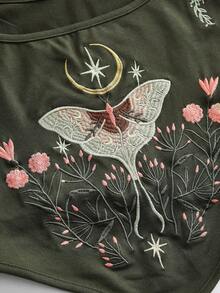 ROMWE Goth 深色哥德風植物飛蛾刺繡宮廷風方領修身背心上衣 - 軍綠色 - 查看 4