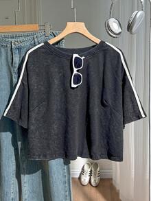 Comfortcana Spring Pure Cotton Snow Wash Plus Size Short Sleeve T-Shirt - Black - View 1