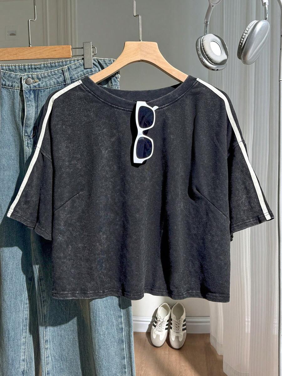 Comfortcana Spring Pure Cotton Snow Wash Plus Size Short Sleeve T-Shirt - Black - View 1