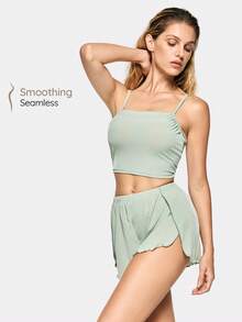 SHAPORA Solid Color Crop Cami Top & Split Shorts Homewear Set Outfit - Green - View 3