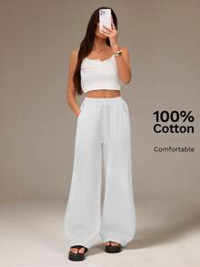 SHEIN Tall 女款夏季鄉村音樂會外穿海灘波希米亞風基礎極簡水洗100%純棉白色弧形下擺寬腿運動褲海灘褲，適合高個女性 - 白色 - 查看 8