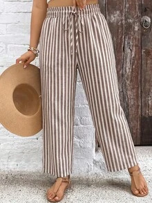 SHEIN VCAY Plus Size Women's Striped Drawstring Waist Casual Versatile Daily Outing Long Pants Fall - Multicolor - View 4
