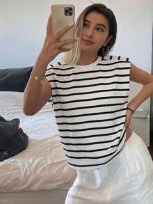 Livesso Striped Round Neck Sleeveless Padded Shoulder Women's T-Shirt - Black - View 5