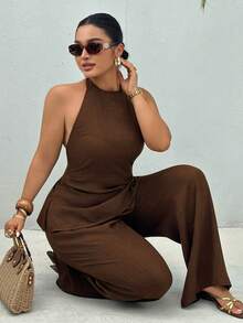 Dazy Plus Solid Color Fun Commuter Set, Mock Neck Tie Back Sleeveless Top, Long Loose Casual Maxi Skirt, Plus Size Women's Spring Summer Brown 2-Piece Set - Brown - View 1