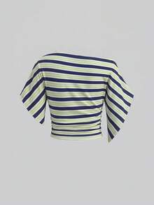 Tseoso 女款 95% 棉 藍綠白條紋針織蝙蝠袖短版 T-shirt；西方節慶；夏季海灘 - 彩色 - 查看 2