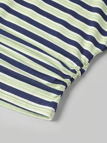 Tseoso 女款 95% 棉 藍綠白條紋針織蝙蝠袖短版 T-shirt；西方節慶；夏季海灘 - 彩色 - 查看 5