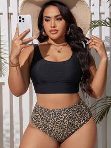 SHEIN Swim Curve 大尺碼女款純色背心上衣與豹紋三角比基尼泳褲泳裝套裝 - 黑色 - 查看 4