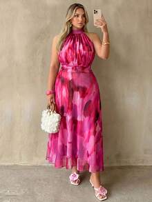 Auralis Plus Size Spring/Summer Sleeveless Mock Neck Brush Art Pastel Pink Print Mesh Ruched Multi-Layer Hem Backless Midi Dress For Women 70's Evening - Hot Pink - View 7