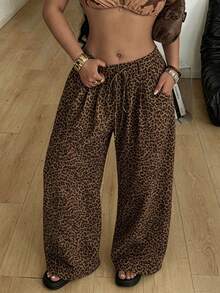 Coolane Plus Size Leopard Print Wide Leg Pants Suitable For Summer - Multicolor - View 3