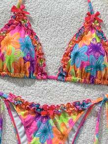 Swim Mod 2件組 春夏海灘度假彩色花卉隨機印花蝴蝶結飾掛脖三角杯比基尼上衣與側綁比基尼泳褲性感比基尼套裝 - 彩色 - 查看 6