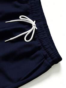 PAVTROS Plus-Size Men's Solid-Colored Patchwork Drawstring Casual Shorts For Summer - Navy Blue - View 4