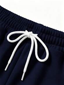 PAVTROS Plus-Size Men's Solid-Colored Patchwork Drawstring Casual Shorts For Summer - Navy Blue - View 6