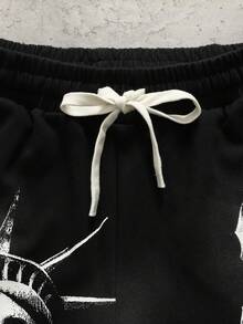 ROMWE MEN Pantalones cortos lavados con estampado de diamantes brillantes y estampado de letras de calle para hombres - Negro - Ver 4