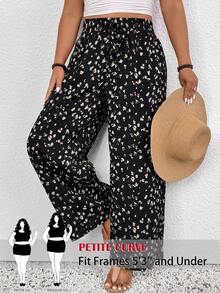 SHEIN PETITE CURVE 大码女式高腰系带印花休闲阔腿裤，夏季 - 黑色 - 查看 1