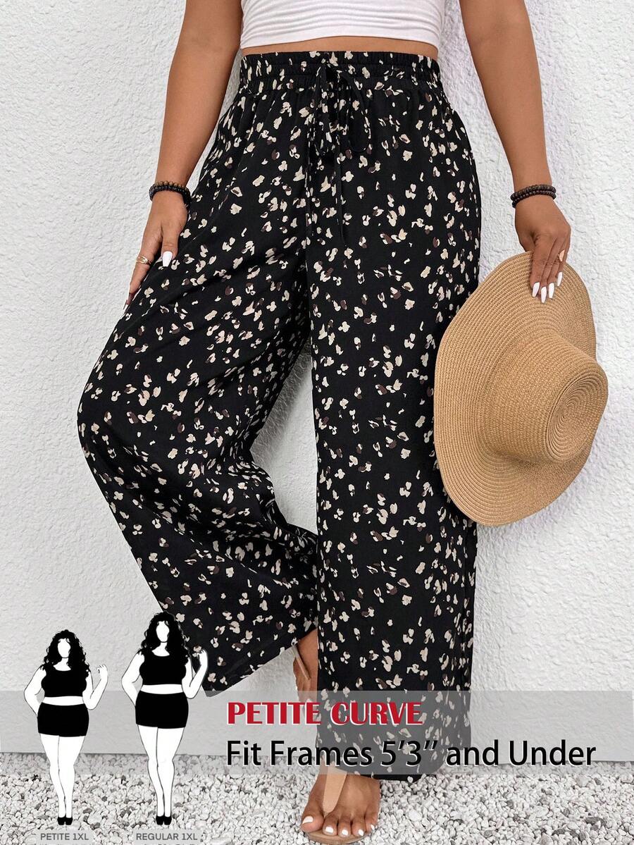 SHEIN PETITE CURVE 大码女式高腰系带印花休闲阔腿裤,夏季 - 黑色 - 查看 1