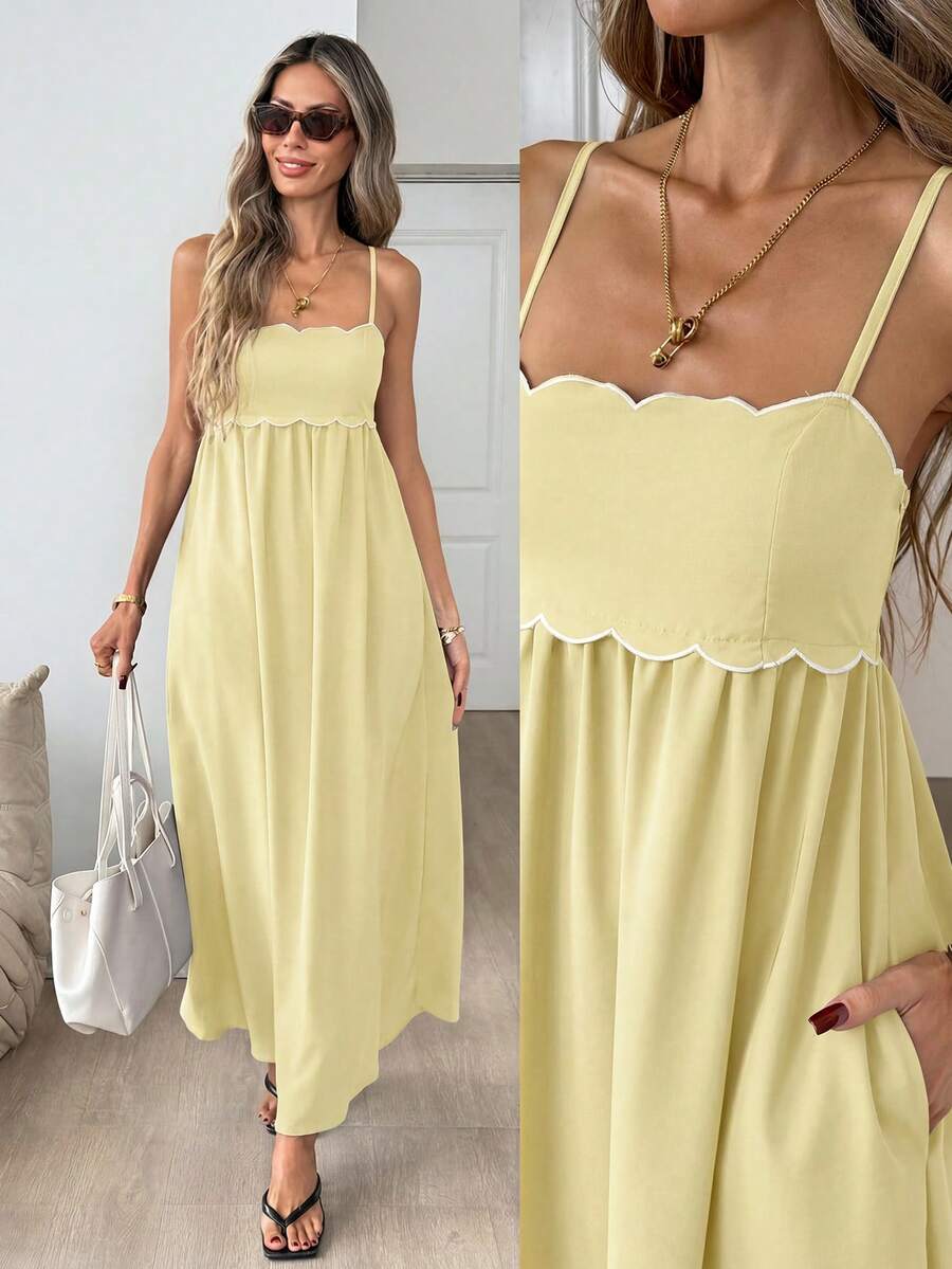 Easowa Vestido maxi de tirantes para mujer con bajo curvo, plisado, elegante, estilo boho casual para vacaciones de verano en la playa, color amarillo pálido - amarillo ganso - Ver 1