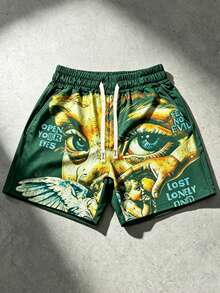 ROMWE MEN Street Life Men's Street Hip Hop Angel Wings Graphic Print Drawstring Waist Shorts, Suitable For Spring/Summer - Green - View 5