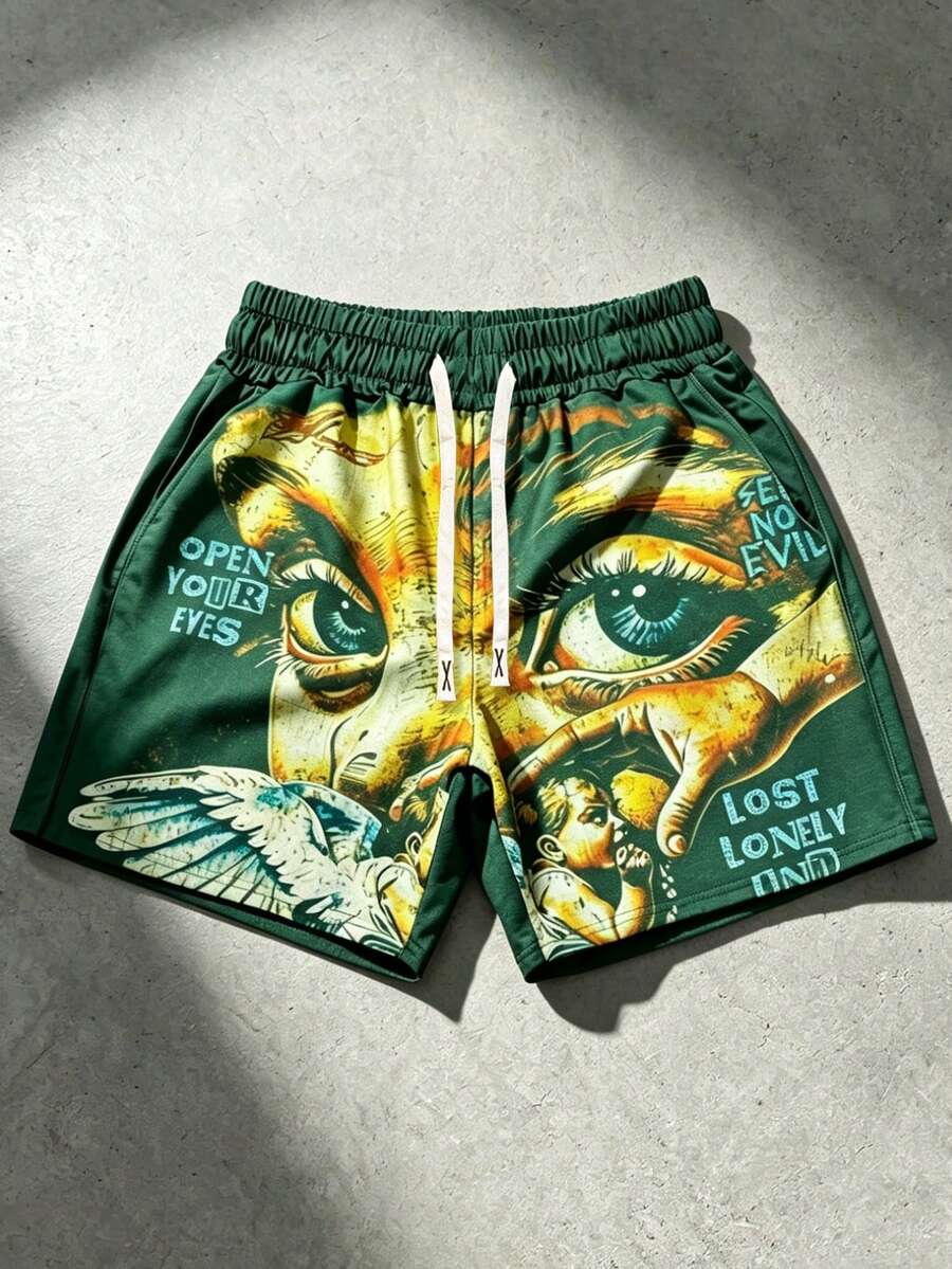 ROMWE MEN Street Life Men's Street Hip Hop Angel Wings Graphic Print Drawstring Waist Shorts, Suitable For Spring/Summer - Green - View 1
