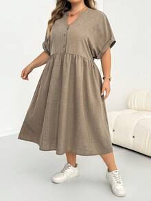 SHEIN CURVE+ Đầm midi nữ size lớn tay ngắn màu kaki, phong cách thời trang thường ngày thoải mái, dáng rộng, cơ bản đa năng, có túi, kiểu đơn giản, trang phục mùa xuân/hè - Màu Khaki - Xem 5