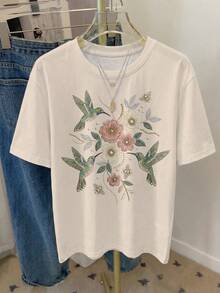 SHEIN VCAY 大尺碼女款休閒T恤，仿刺繡設計，仿珍珠圖案印花T恤，圓領 - 彩色 - 查看 4