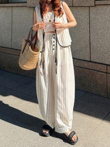 FRIFUL Damen-Set mit figurbetonter Weste mit Bindung und offener Front sowie weiten Hosen, gestreifter Leinenstoff für den ganzen Körper, elastischer Bund, Urlaubsstil, Sommer, Schwarz und Weiß, lässig - Khaki - Übersicht 2