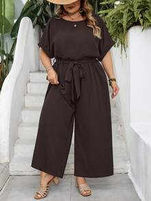 SHEIN CURVE+ 大尺碼女款純色圓領蝙蝠袖休閒寬腿連身褲 - 棕色 - 查看 3