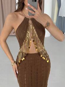 Firerie 女款夏季優雅浪漫精緻性感辣妹海灘度假音樂節派對亮片流蘇鏤空透視金屬感掛脖露背深綠色修身長版針織洋裝 - 卡其色 - 查看 6