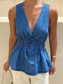 DAZY Blusa vaquera de mujer con cuello en V, tirantes anchos y volantes, adecuada para primavera y verano - Azul - Ver 7