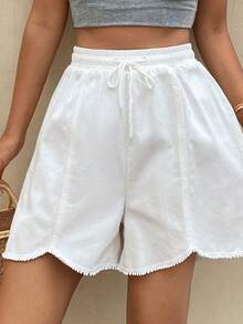 Livesso Women's Casual All-Match Vacation Commute Drawstring Waist Loose Wide Leg Solid Color Denim Shorts, Versatile Summer Beach Holiday All White - White - View 2