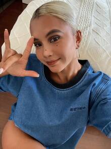 DAZY 女款拼色圓領短袖寬鬆休閒性感百搭牛仔上衣，日常夏季風格，適合游泳學校 - 藍色 - 查看 10
