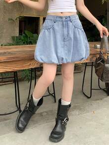 DAZY 女款女孩休閒口袋鈕扣裝飾牛仔泡泡裙，百搭日常穿著，春夏輕藍色校園風 - 藍色 - 查看 6