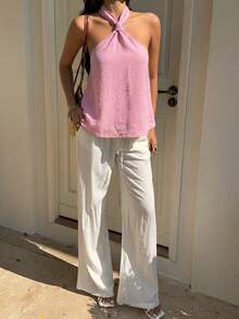 SHEIN EZwear 女士夏季沙滩度假粉色编织扭结露背上衣 - 粉色 - 查看 3