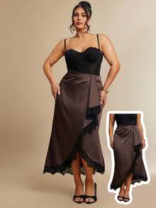 SHEIN BAE CURVE 大码女式咖啡棕色撞色蕾丝优雅A字裙 - 彩色 - 查看 8