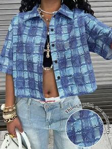 SHEIN Women's Plaid Casual Loose Short Sleeve Shirt - Blue - View 1