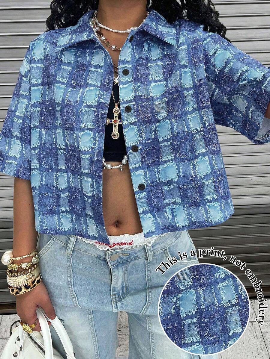 SHEIN Women's Plaid Casual Loose Short Sleeve Shirt - Blue - View 1