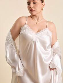 Hourtrue Plus Size White Satin Robe Set, Women Lace Trim Long Kimono Robe And Nightgown 2 Pieces Silk Like Loungewear - White - View 9